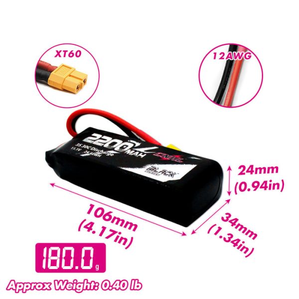 2 Packs CNHL Black Series 2200mAh 3S 11.1V 30C Lipo Battery with XT60 Plug