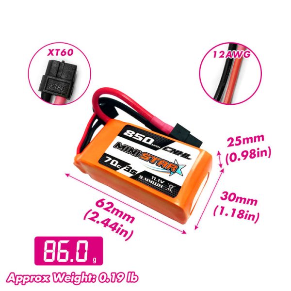 CNHL MiniStar 850mAh 11.1V 3S 70C Lipo Battery with XT60 Plug